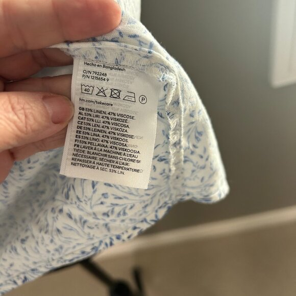 H&M Top Linen Button Down Shirt Blue Floral Blouse Spring Casual Everyday SZS - Picture 11 of 13